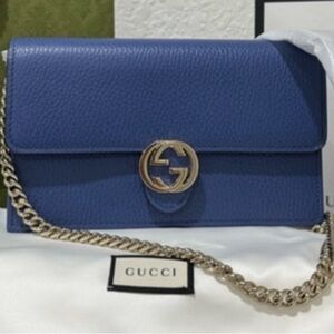 Gucci Dollar Calfskin Interlocking G Chain Wallet Bag Caspian Blue NEW in box